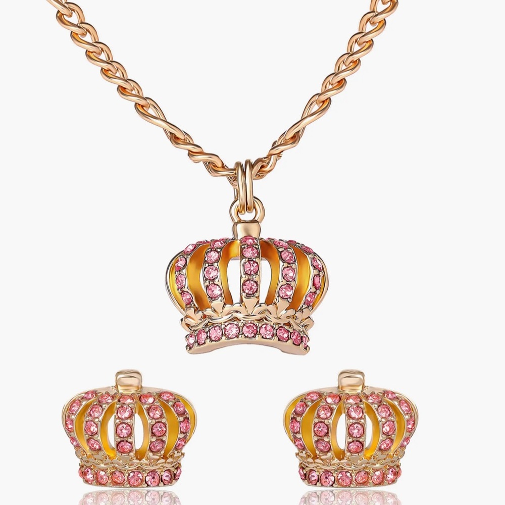 Juicy Couture Pink and Gold Crown Necklace Earrings Set